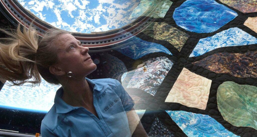 Karen Nyberg in the ISS looking up through the cupola window